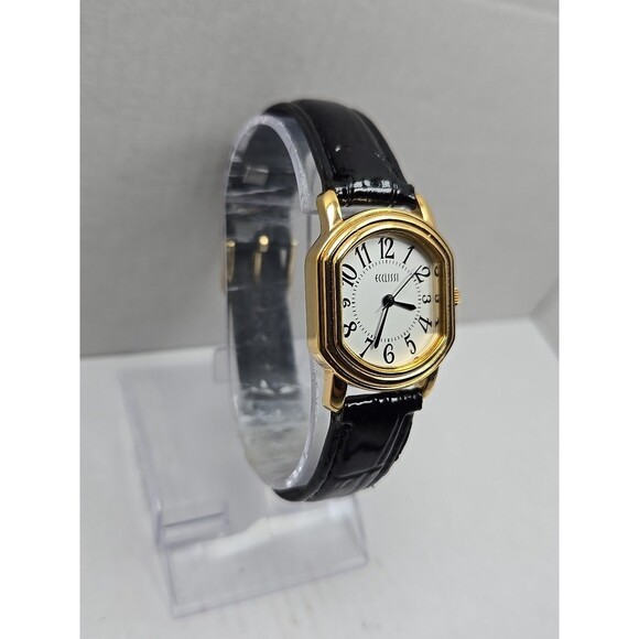 Ecclissi 80195 Womens Gold Tone Cushion Watch Black Leather New Battery Quartz - Picture 3 of 12